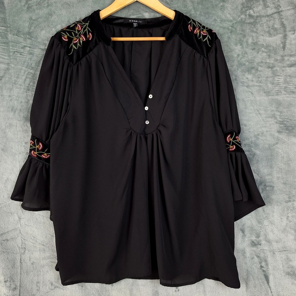 Womens Top 1X Black Velvet Floral Goth Fairy Grunge Whimsigoth Popover Tunic
